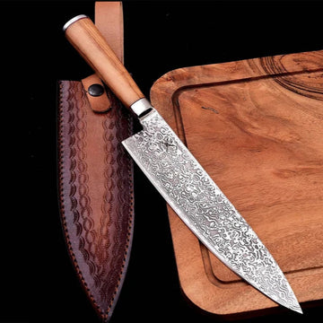 Decorative chef's knife with a wooden handle on a wooden cutting board