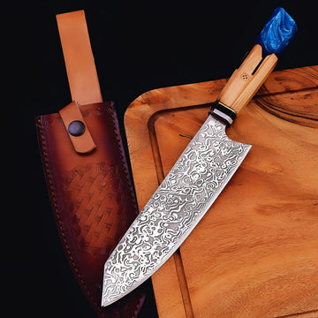 Decorative knife with a wooden handle on a wooden cutting board next to a leather sheath.