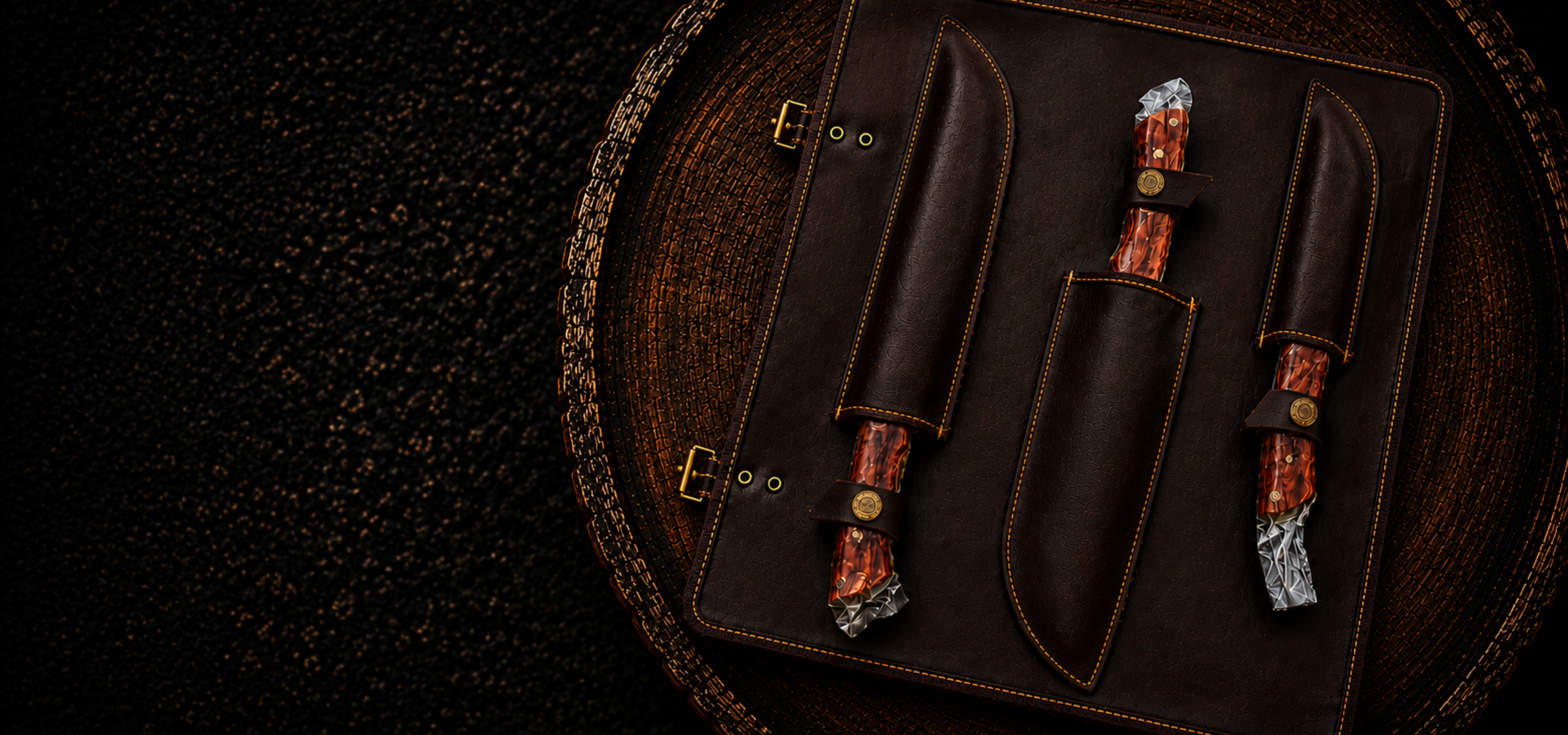 Brown leather sheath with knives held by a person against a natural backgroundslider_item_zQhJNX